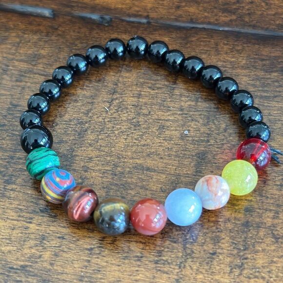 Colorful Chakra Energy Bead Bracelet, Stretch Design, Black Gloss & Gemstone Mix - Picture 8 of 10